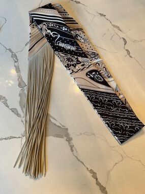 Black and Beige Paisley Skinny twilly with Fringe